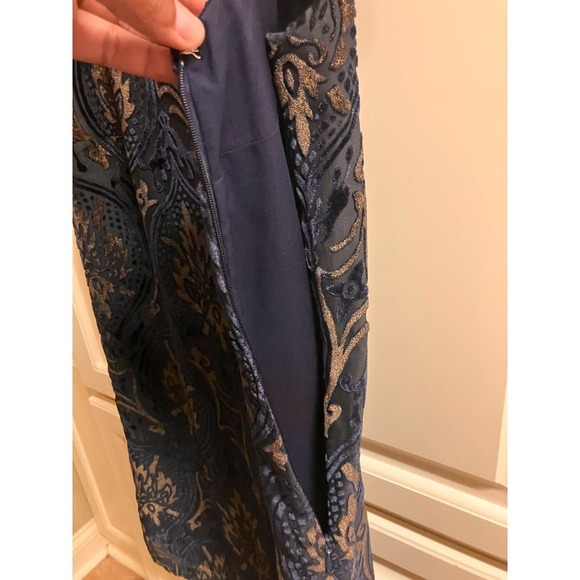 LOFT Sleeveless Dress XS Blue Tan Knee Length Zip Up Low Back Lined Summer Scoop - Picture 3 of 5